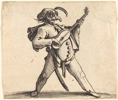 O comediante mascarado tocando uma guitarra de Jacques Callot