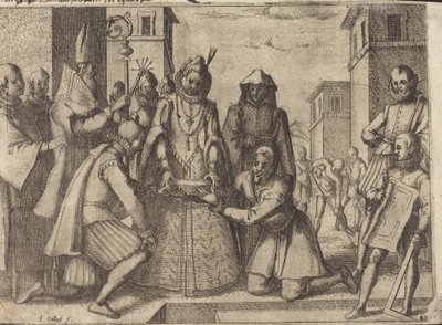 A Rainha Colocando a Primeira Pedra para a Igreja das Clarissas na Espanha [verso] de Jacques Callot