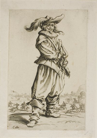 O soldado com um chapéu emplumado, prato três de La Noblesse de Jacques Callot