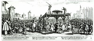 A roda, placa 14 de "as misérias e os infortúnios da guerra", gravada por Israel Henriet (c.1590-1661) 1633 de Jacques Callot