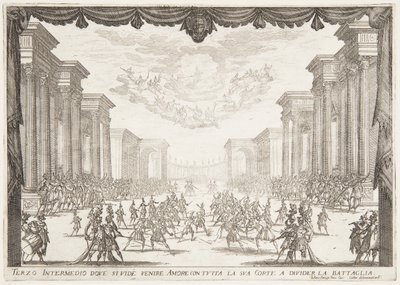 Terceiro Intermezzo, a batalha é interrompida pela chegada do amor com seu cortejo de Jacques Callot