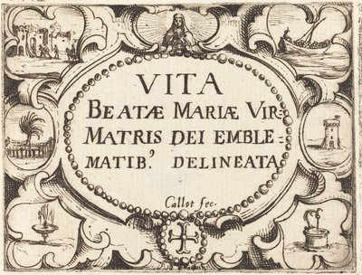Página de título para "A Vida da Virgem em Emblemas" de Jacques Callot