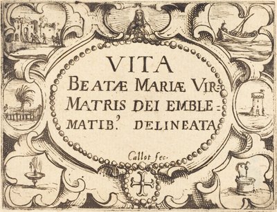 Página de título para "A Vida da Virgem em Emblemas" de Jacques Callot