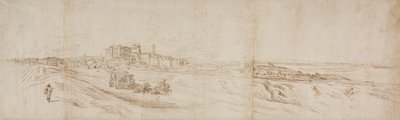 Vista do Castello Bracciano, perto de Roma com ônibus e figuras de Jacques Callot