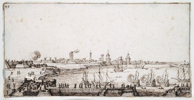 Vista do porto de La Rochelle com galeões a fazer uma saudação (caneta e tinta castanha sobre papel) de Jacques Callot