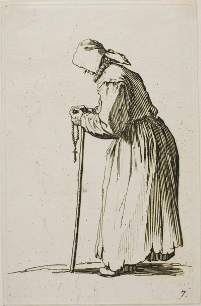 Mendigo de mulher com um rosário, prato sete de Os mendigos de Jacques Callot