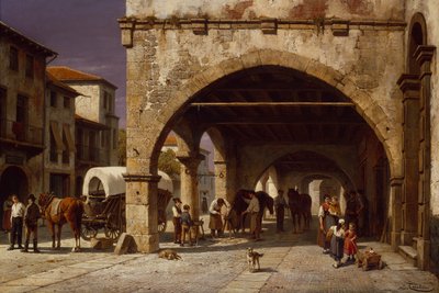 Uma cena da cidade com um Farrier (óleo sobre tela) de Jacques Carabain