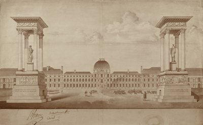 Plano para os monumentos comemorativos de 14 de Julho e 10 de Agosto, a ser colocado na Place du Carrousel (caneta e tinta sobre papel) de Jacques Delannoy