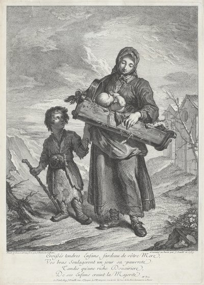 Uma jovem mãe carregando um berço de Jacques Dumont Le Romain, finished by Jean Daullé