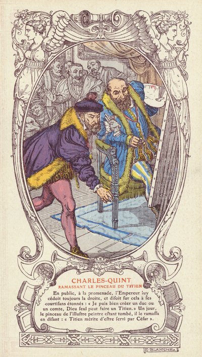 Carlos V pegando o pincel de Ticiano depois de deixá-lo cair enquanto trabalhava no retrato do Imperador (cor litho) de Jacques Emile (after) Blanche