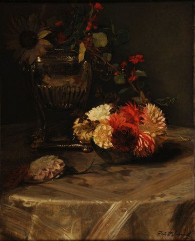 Dálias e capuchinhas com uma urna de prata de Jacques Emile Blanche