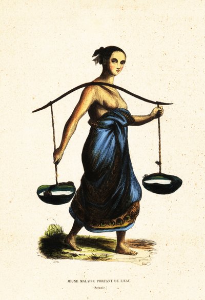 Jovem mulher malaia carregando palas de água com um jugo de Jacques Etienne Victor (after) Arago