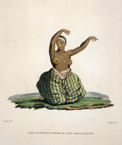 Dança mulher da ilha de Maui, nas ilhas havaianas, gravada por Parfait Augrand (n.1782) de Jacques Etienne Victor Arago