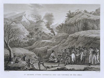 Grande Arquipélago Asiático: exploradores franceses com nativos na Ilha de Ombai, de Voyage Autour du Monde (1817-20), de Louis Claude Desaulses de Freycinet (1779-1842) gravado por Bovinet, publicado de Jacques Etienne Victor Arago