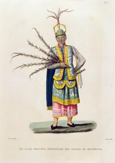 Ilha de Guam: Personagem Principal das Danças de Montezuma, de &39;Viagem ao Redor do Mundo nas Corvetas de Urania 1817-20&39; gravado por Roger, publicado em 1825 de Jacques Etienne Victor Arago