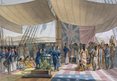 As Ilhas Sandwich: O Batismo dos Reis Primeiro Ministro a bordo do Uranie, da Viagem ao Mundo das Corvetas de LUranie 1817-20 gravada por Lerouge e Forget, publicada em 1825 ( de Jacques Etienne Victor Arago