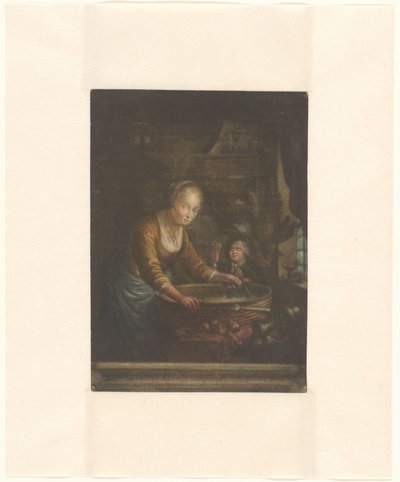 Mulher jovem, a cortar cebola de Jacques Fabien Gautier Dagoty (attributed to)