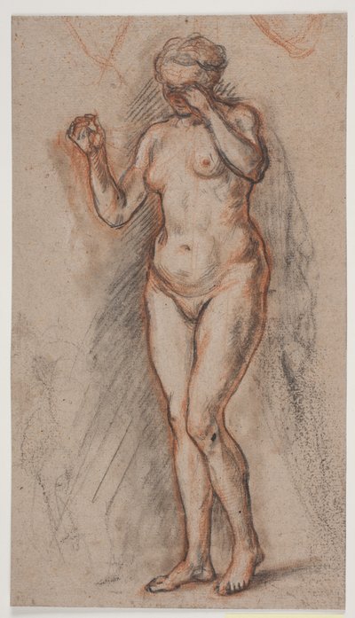 Figura modelo feminina com braços levantados, a esquerda na frente dos olhos. de Jacques Francois Joseph Saly