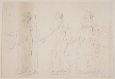 Ato de sacrifício (?) Três figuras ambulantes em vestes gregas. Na frente um homem carregando uma ânfora e um cajado ou tocha, depois duas mulheres de Jacques Francois Joseph Saly