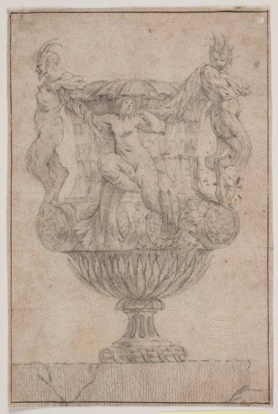 Vaso decorativo com Pan, fauno e ninfa. Copie após Pl. 14 no conjunto de vasos desenhado por Saly em 1746. "Vasa a se inventar..." de Jacques Francois Joseph Saly