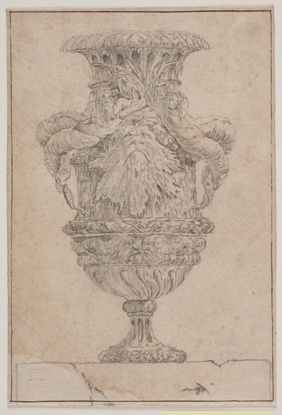 Vaso ornamental com cabeça grande, deus do mar e ninfa da água. Copie após Pl. 26 no conjunto de vasos desenhado por Saly em 1746. "Vasa a se inventar..." de Jacques Francois Joseph Saly