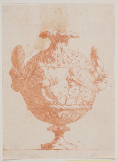 Vaso decorativo com duas cabeças e dois putti. Copie de acordo com pl. 19 no conjunto de vasos desenhado por Saly em 1746. "Vasa a se inventar..." de Jacques Francois Joseph Saly