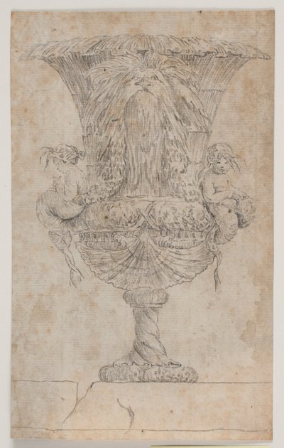 Vaso decorativo com dois putti (sereias?). Copie após a edição (pl. 9) no conjunto de vasos desenhados por Saly em 1746. "Vasa a se inventar..." de Jacques Francois Joseph Saly