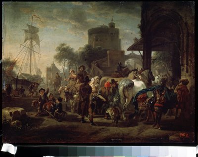 A feira de cavalos (Uma feira de cavalos). Pintura de Jacques-François (Jacques Francois) Joseph Swebach (1769-1823). Óleo sobre tela, 24 x 42 cm de Jacques Francois Joseph Swebach