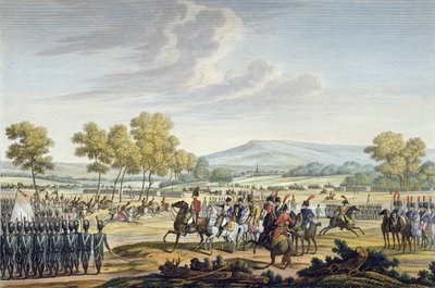 A Guarda Imperial Manobrando na Presença dos Dois Imperadores em Tilsit, 28 de junho de 1807, gravada por Edme Bovinet (1767-1832) (aquatint) de Jacques Francois Joseph Swebach