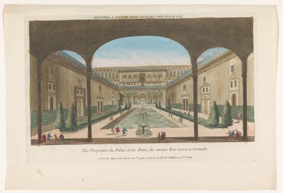 Vista de um pátio com fontes da Alhambra em Granada Les bains des enciens rois Mores, a Grenade (título no objeto) de Jacques Gabriel Huquier