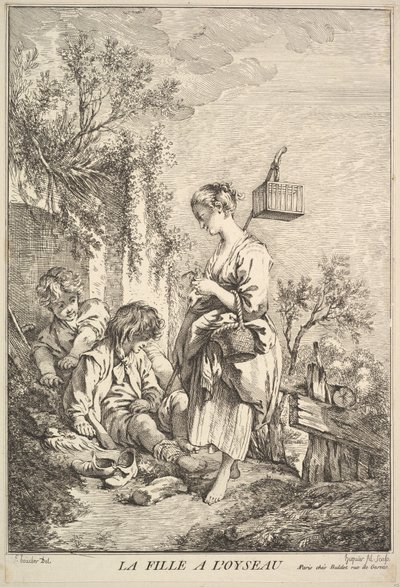 Menina com um pássaro, meados do século XVIII. de Jacques Gabriel Huquier