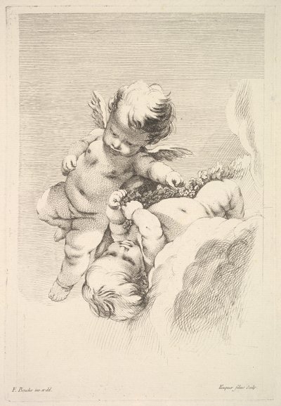 Dois Cupidos, Um Segurando uma Coroa, meados do século XVIII. de Jacques Gabriel Huquier