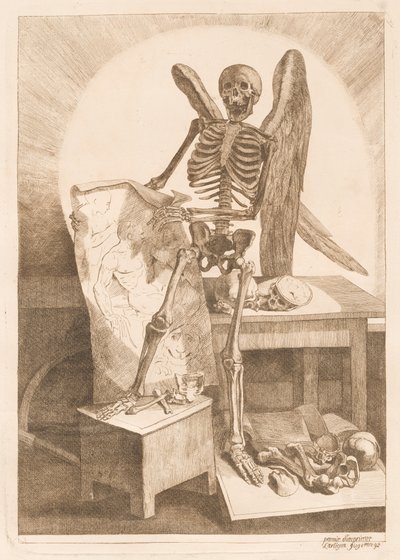 Um esqueleto alado segurando um desenho anatômico de Jacques Gamelin