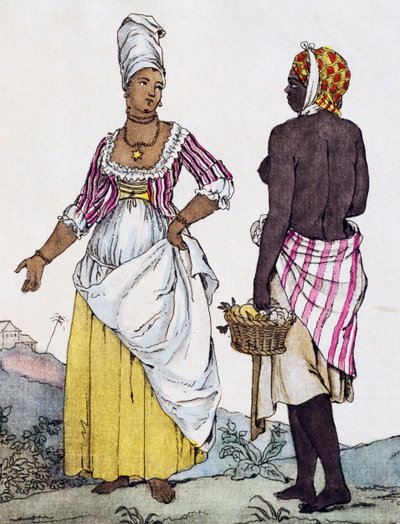 Mulher negra e mulata de Santo Domingo, gravura a cores a partir de desenho de Labrousse de Jacques Grasset de Saint Sauveur