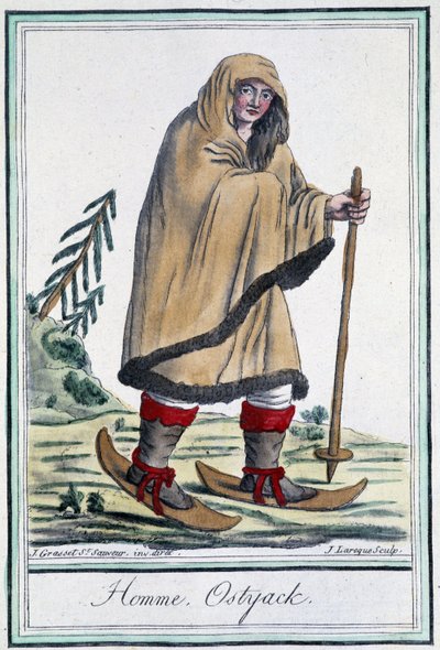 Ostyack man on skis - in "Encyclopédie des voyages" de Grasset Saint Sauveur, ed. Paris 1796 de Jacques Grasset de Saint-Sauveur