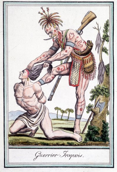 Guerreiro iroquês escalpando seu inimigo - na "Enciclopédia das viagens" de Grasset St Sauveur, Paris de Jacques Grasset de Saint Sauveur