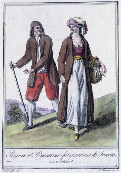 Camponesa e camponesa de Trieste, Itália, - in "Encyclopedia of Travels" de Grasset St Sauveur, Paris de Jacques Grasset de Saint-Sauveur