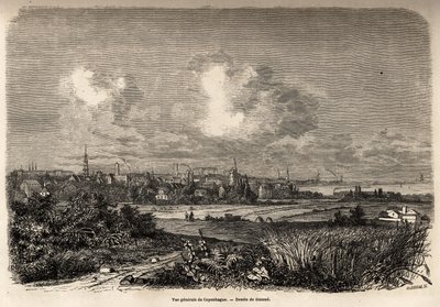 Vista geral de Copenhaga, desenho de Jacques Guiaud (1810-1876), para ilustrar a viagem de J.M.Dargaud à Dinamarca (1800-1860), em 1860. Gravura em "Le tour du monde", editado por Edouard Charton de Jacques Guiaud