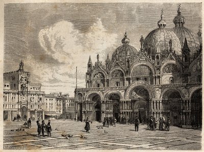 A praça e a igreja de São Marcos, desenhada por Jacques Guiaud (1810-1876), para ilustrar a viagem de Adalbert de Beaumont a Veneza, por volta de 1850. Gravura em "Le tour du monde", editado por Edouard Charton de Jacques Guiaud