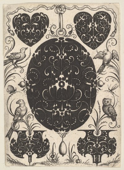 Pingente Oval Decorado com Schweifwerk, Rodeado de Motivos Menores e Quatro Pássaros, ca. 1614-19. de Jacques Hurtu