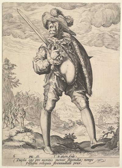 Soldado, armado com espada e escudo, de Oficiais e soldados, 1587. de Jacques II de Gheyn