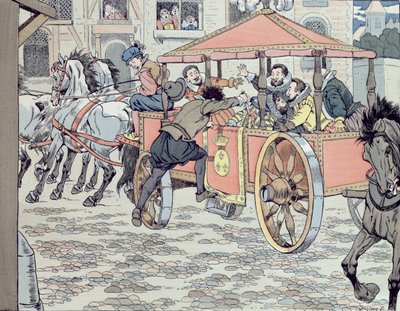 Assassinato de Henri IV por Francois Ravaillac na rue de la Ferronerie em 14 de maio de 1610, c.1900 de Jacques Marie Gaston Onfray de Breville (Job)