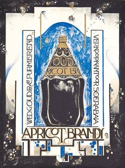 Cartaz de propaganda de aguardente de damasco, para o vendedor de vinho e xerez Oud, c.1920 (cor lito) de Jacques Jongert