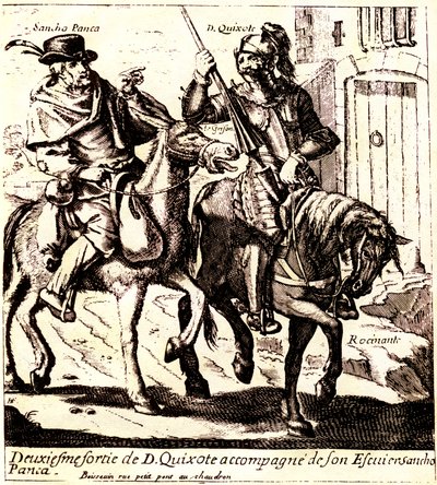 Dom Quixote no Rossinante, acompanhado por Sancho Pança no seu burro Grison, cerca de 1640 (ilustração) de Jacques Lagniet