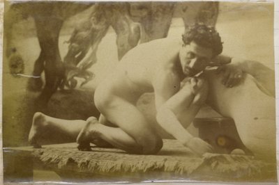 Estudo de um modelo nu masculino, deitado no chão e lutando com um manequim, no estúdio de Jacques de Lalaing, possível estudo preliminar para a pintura The Wrestlers de Jacques Lalaing (attributed to)