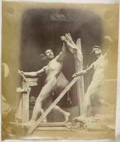 Estudo de um modelo nu masculino em um andaime, visto de lado e ao lado de um modelo de gesso na mesma pose, no estúdio de Jacques de Lalaing de Jacques Lalaing (attributed to)