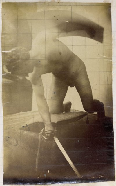 Estudo de um modelo masculino nu, de joelhos a segurar uma espada e um escudo, no estúdio de Jacques de Lalaing de Jacques Lalaing (attributed to)