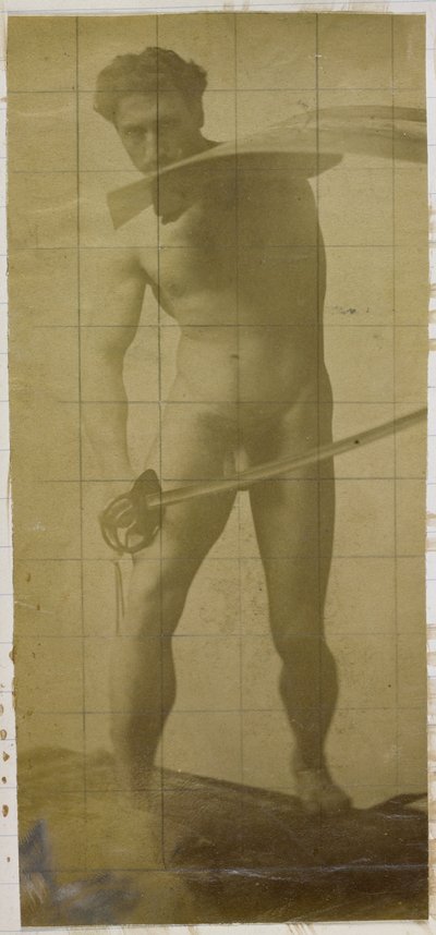 Estudo de um modelo nu masculino, de pé com espada e escudo nas mãos, no estúdio de Jacques de Lalaing de Jacques Lalaing (attributed to)