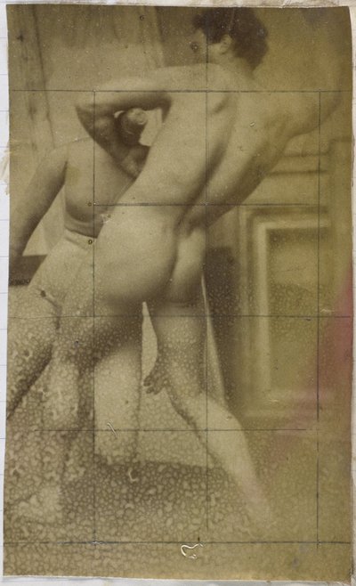 Estudo de um modelo masculino nu, em pé, visto por trás e lutando com manequim, no estúdio de Jacques de Lalaing, possivelmente estudo preliminar para a pintura Os Lutadores de Jacques Lalaing (attributed to)