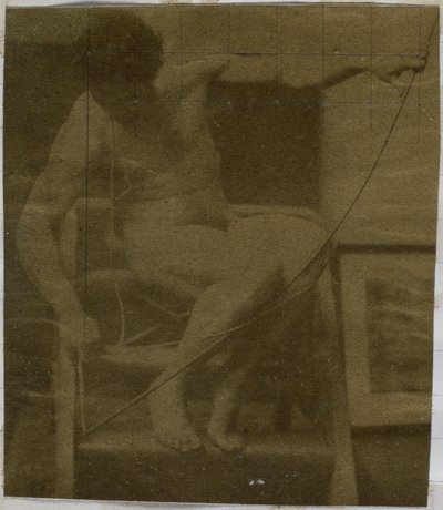 Estudo de um modelo nu masculino, sentado num degrau, visto de frente com uma corda e uma vénia no colo, no estúdio de Jacques de Lalaing de Jacques Lalaing (attributed to)